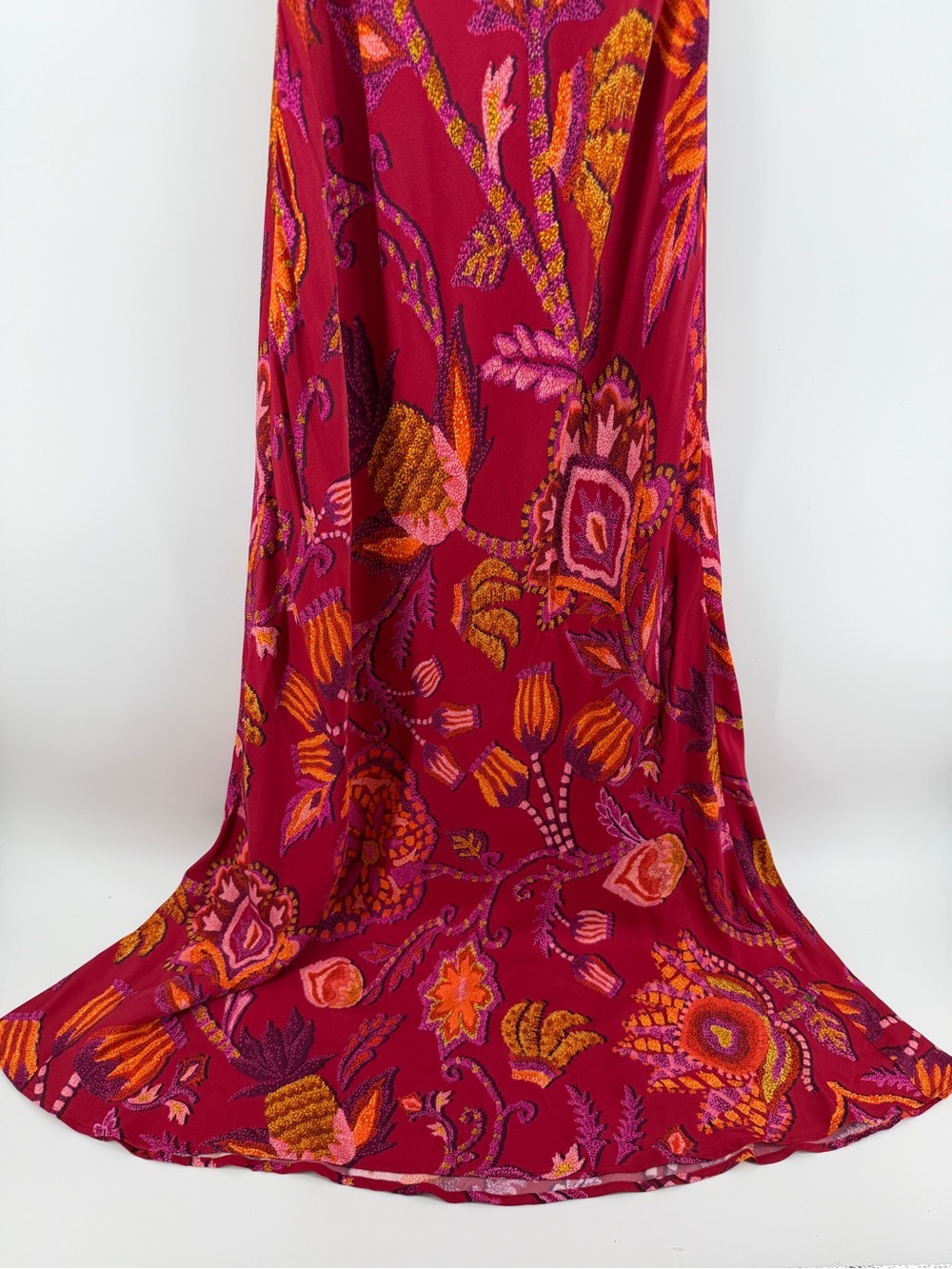 FARM Rio ResortWear Boho Wedding Guest TropicalSunset Floral SatinMaxi Dress SzS - Picture 5 of 11
